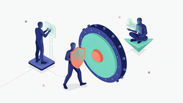 Isometric illustration of digital security and data protection featuring stylized figures managing secure vault operations