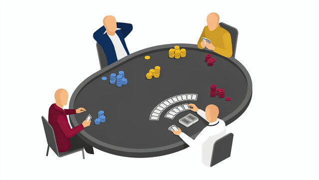 Isometric illustration of four people playing poker around a large oval table with card stacks
