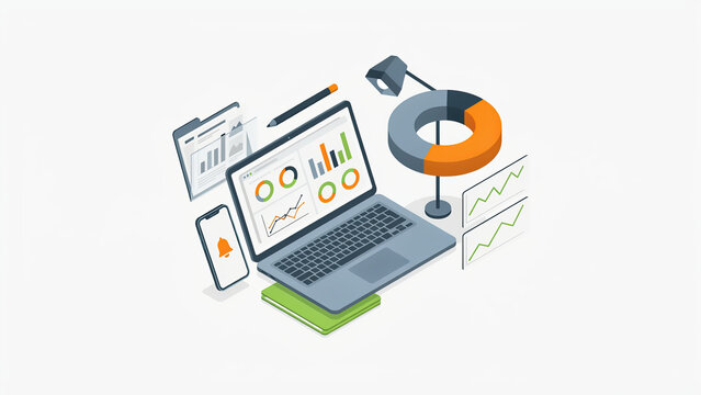 Isometric laptop computer displaying financial charts and data analysis for professional business marketing presentations and reports