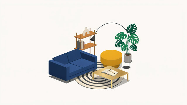 Isometric living room furniture set with sofa coffee table lamp and potted plant in flat style