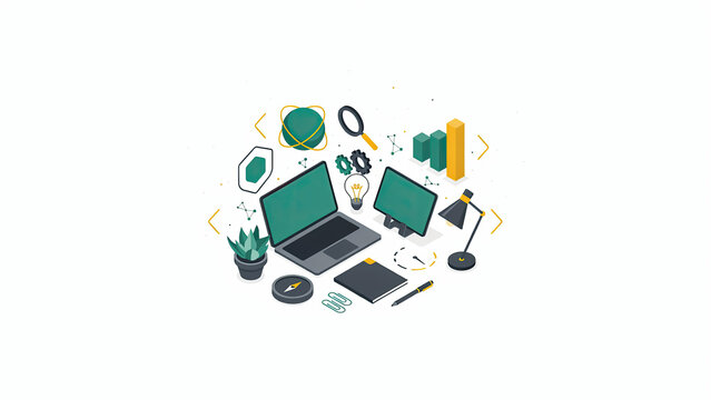 Isometric office work scene with computer and stationary items scattered around in digital workspace view
