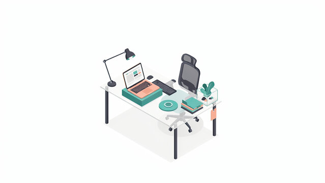 Isometric office workspace featuring a desk with laptop and chair in a clean minimalist style