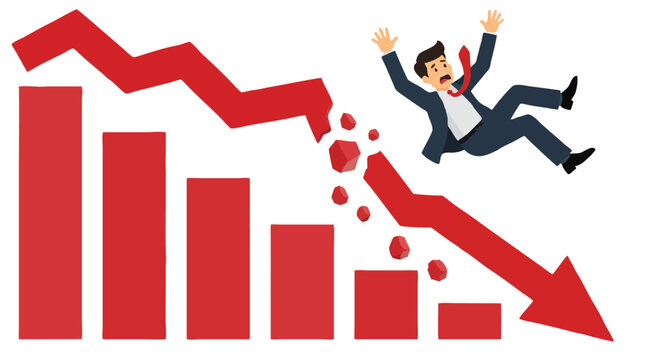 Panicked businessman in suit falling beside crumbling red downward arrow graph with declining bar chart symbolizing stock market crash, financial loss, bankruptcy and economic failure concept