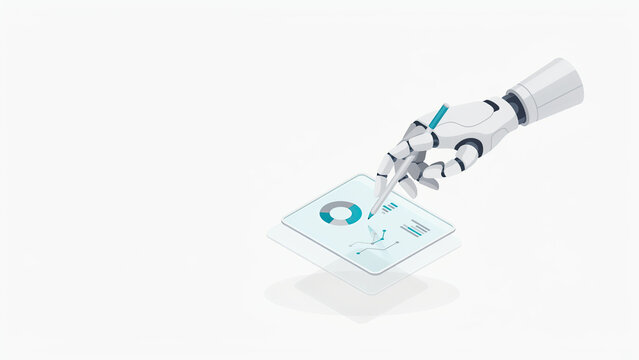 Isometric robotic hand drawing financial charts on a digital tablet for data analysis and business concepts