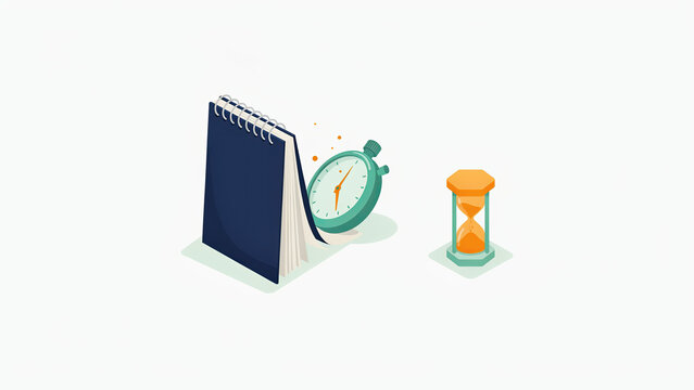 Isometric vector illustration featuring a spiral notebook with a stopwatch and an hourglass beside it