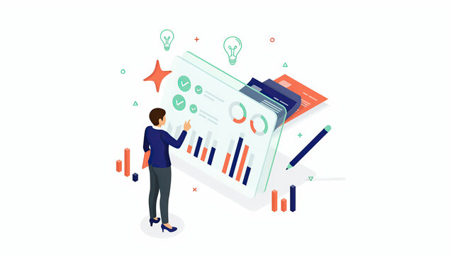 Isometric vector illustration of a business professional analyzing financial data and charts on a digital screen