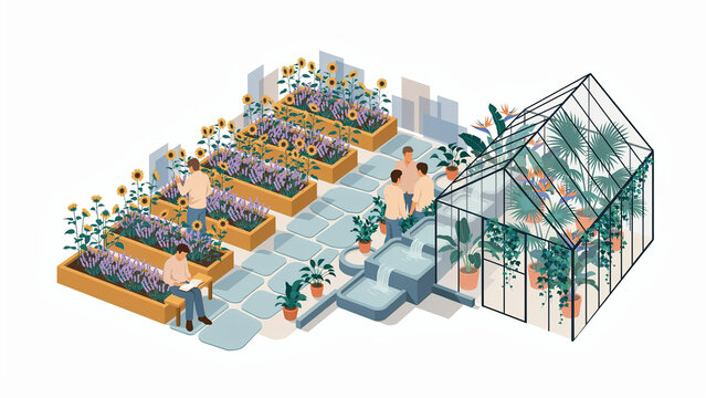 Isometric vector illustration of a botanical garden with people caring for flowers and glass greenhouse structure