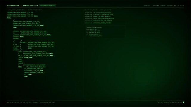 Computer terminal screen displaying green software source code and data processing interface.