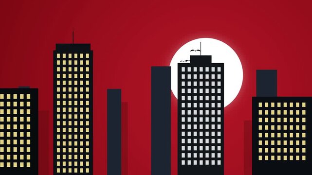 Minimalist vector illustration of a city skyline silhouette against a glowing red full moon.