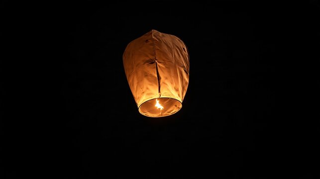 Single glowing sky lantern with bright burning flame floating in dark black night sky during traditional festival celebration night