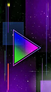 Sleek gradient neon triangle play button glowing vivid green blue and purple against dark starry cosmic backdrop with colorful lines