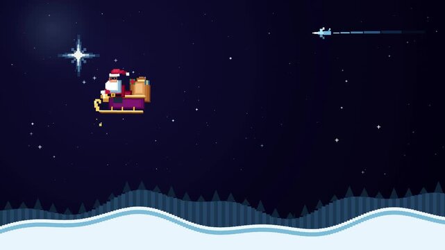 Pixel art Santa Claus flying a sleigh over a winter landscape at night.