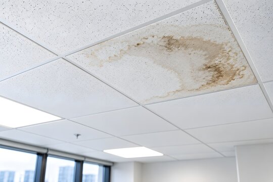 Water Damaged Ceiling Tiles with Brown Stains and Mold in Office Building