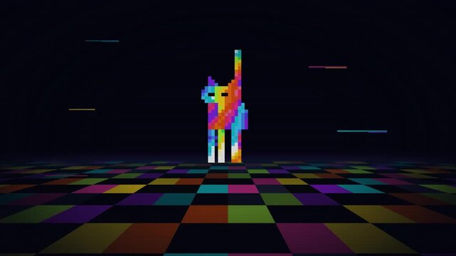 Colorful pixel art cat standing on a vibrant digital checkered floor background.
