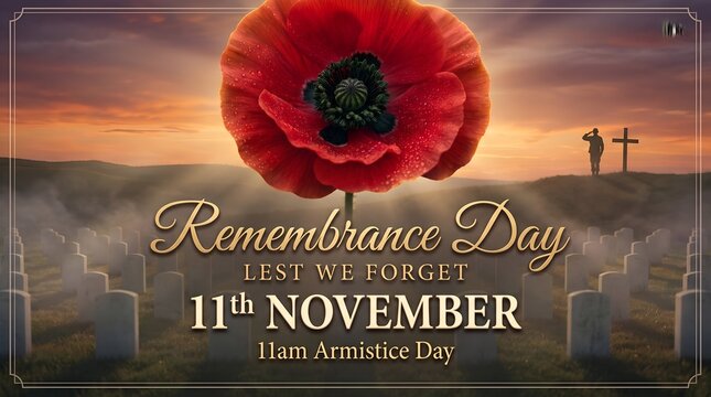 Remembrance day memorial card featuring poppy bloom and silhouettes at sunset sky.