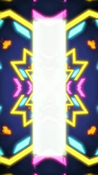 Symmetrical glowing neon star frame with bright yellow outline and vivid colorful accents surrounding luminous vertical center panel