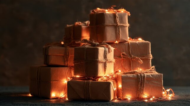 Warm cozy stack of rustic gift boxes wrapped in brown paper and twine with glowing string light decoration on dark background