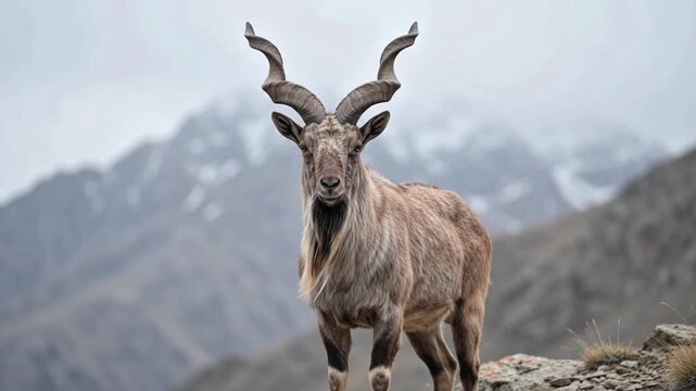 Cinematic Portrait of an Endangered Male Markhor Standing on a Rugged Himalayan Cliff with Spiral Horns and Shaggy Beard
