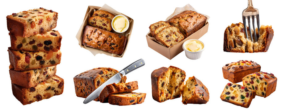 Set of fruit fruitcake loaf, traditional moist sweet cake with candied, dried fruit nut raisin spices citrus, takeout box with butter, fork, knife, transparent cutout PNG Mockup