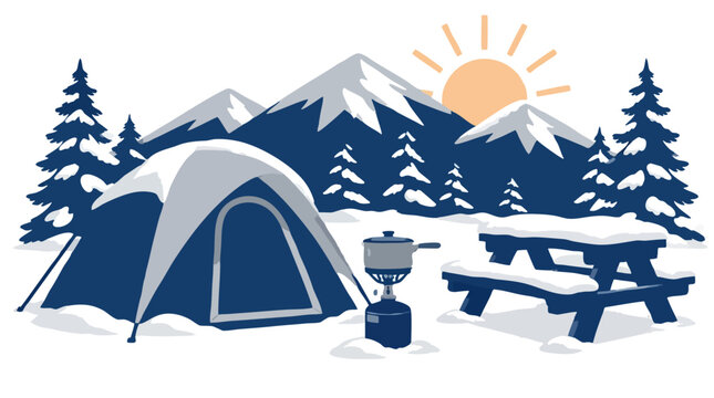 Snowy winter mountain campsite vector illustration with tent, camping stove and snow-covered picnic table under pastel sunrise with navy blue pines and peaks for cozy outdoor winter adventure