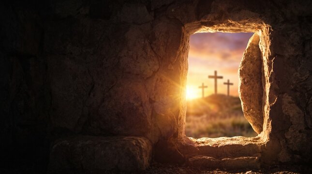 Empty Tomb Looking Out at Three Crosses on a Hill at Sunrise