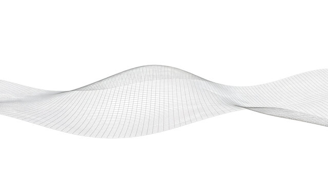 Abstract wavy wireframe mesh surface on a clean white background with creates smooth flowing pattern against plain digital wireframe technology minimalist geometric wave