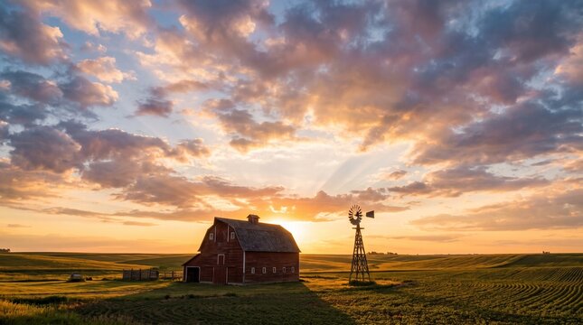 Barn and windmill sit in a quiet rural farm field during a vibrant golden sunset.