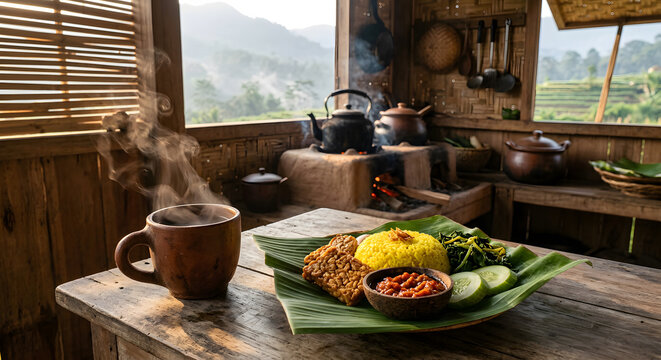 Traditional Indonesian breakfast with turmeric rice, crispy tempeh, sambal and fresh vegetables served on banana leaves in a rustic village kitchen illuminated by warm sunrise light.