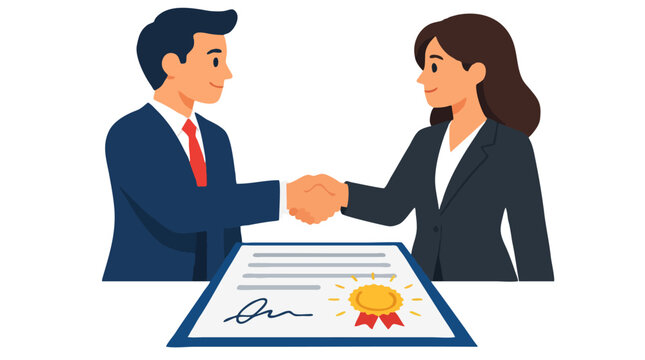 Two diverse businesspeople shaking hands over signed contract with gold seal, successful partnership agreement, corporate deal illustration in bold flat vector style on white background