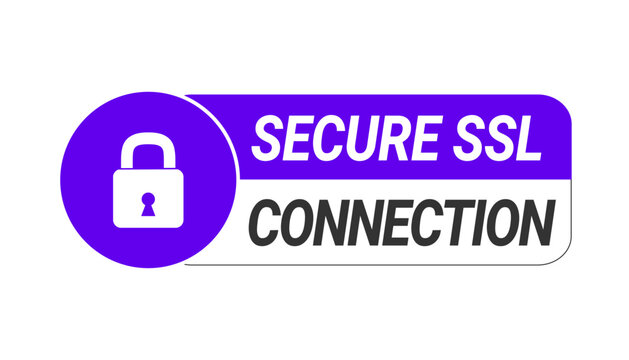 Purple and white secure SSL connection trust badge with closed padlock icon in a circle. Two tone text by right side.&nbsp;
