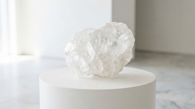 A large raw salt crystal sculpture rests on a minimalist white pedestal inside a bright contemporary gallery space, showcasing translucent mineral textures and soft lighting