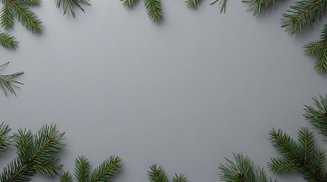 Pine branches Christmas background with copy space, flat lay of evergreen needles on a grey surface