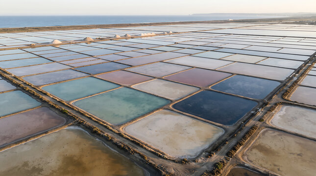 Aerial view of colorful salt evaporation ponds near the ocean coast 