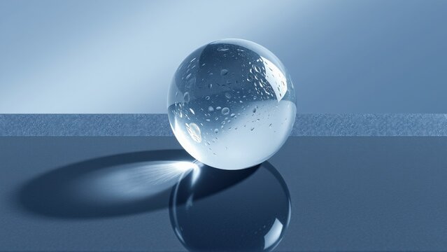 Clear sphere rests upon surface. Water droplets cover glass, creating reflection. Blue tones dominate composition. Minimalist aesthetic.