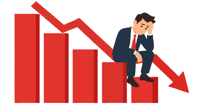 Worried businessman in suit sitting on declining red bar chart with downward arrow symbolizing business failure, financial loss, stock market crash and economic recession concept vector illustration
