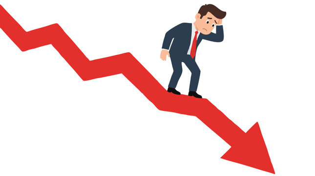 Worried businessman in suit standing on steeply declining red arrow graph staring down at dramatic drop symbolizing financial crisis, stock market crash and business failure illustration