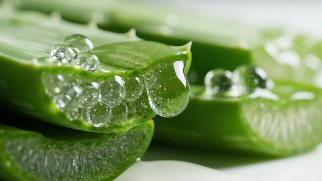Aloe vera gel dripping from fresh succulent leaf slices