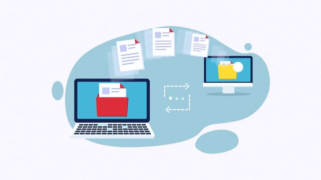 Flat vector animation of digital files transferring between a laptop and desktop computer on blue background.