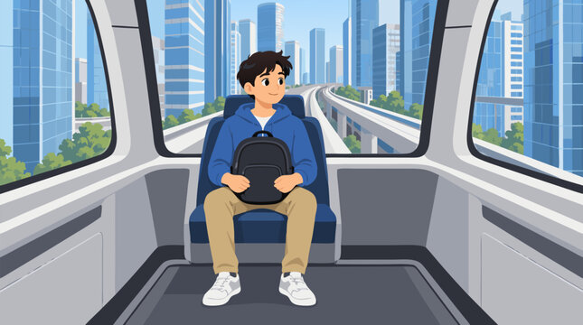 Cartoon vector illustration of a happy student with backpack on his lap sitting alone in the front car of an empty monorail gliding between tall glass skyscrapers in a modern green downtown city