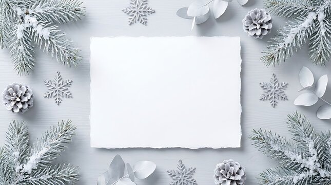 Blank white paper card surrounded by frosted pine branches and snowflakes on a light wooden background