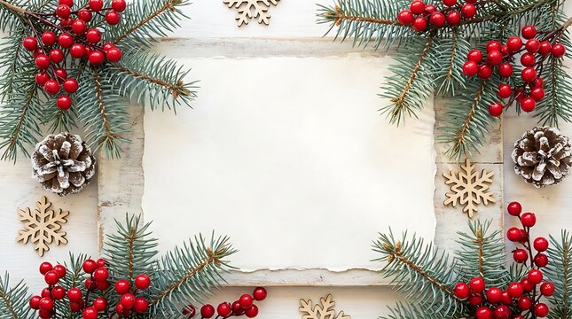 Christmas background with blank paper frame decorated with fir branches and red berries and snowflakes
