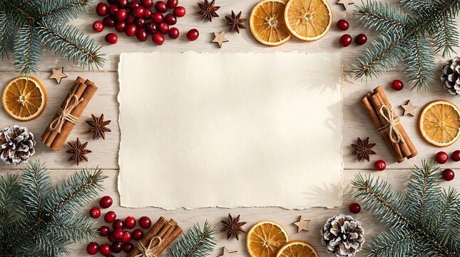 Flat lay christmas background with blank paper pine branches cinnamon and oranges
