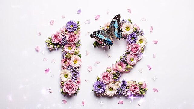 Floral Number 12 with Butterfly and Sparkling Light on White Background