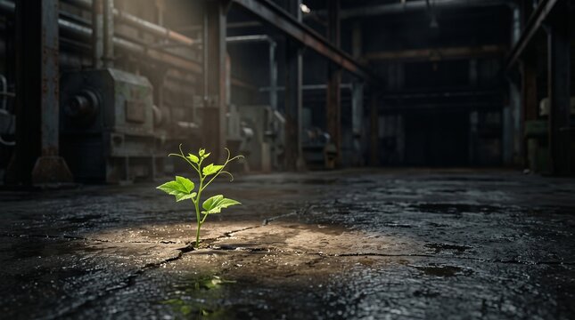 Small green sapling growing from a cracked concrete floor in a dark abandoned industrial factory