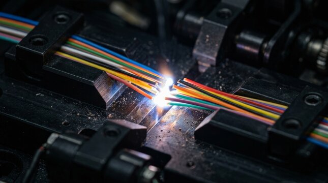 A close up view of a fiber optic fusion splicer fusing colorful cables together with a bright electric arc spark inside a dark industrial manufacturing workshop