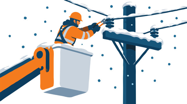 Lineworker in orange safety gear repairing snowy power line from bucket truck lift during heavy snowfall, emergency utility pole maintenance winter storm vector illustration flat design