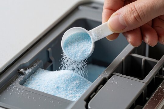 Female hand pours blue detergent powder into dishwasher dispenser compartment using white plastic scoop. Close up of washing machine loading cleaning agent granules for automatic dish washing process