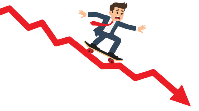 Worried businessman in suit riding skateboard down sharply declining red arrow graph symbolizing market crash, financial loss, recession risk and economic downturn concept in flat vector style