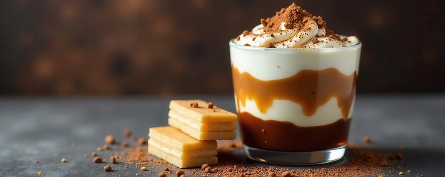 Layered coffee-soaked ladyfingers & creamy mascarpone in a glass, cafe, indulgent