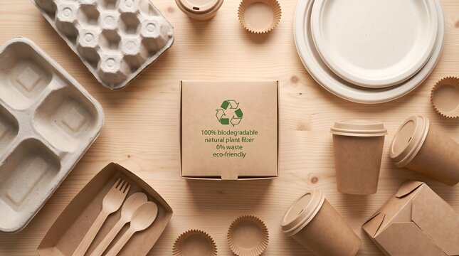 Biodegradable tableware and compostable food packaging set on a